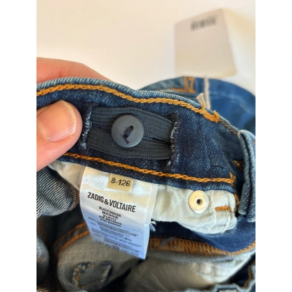 Zadig‎ & Voltaire Maggie Jeans Blue Kids Size 8 Embroidered Skull Raw Hem